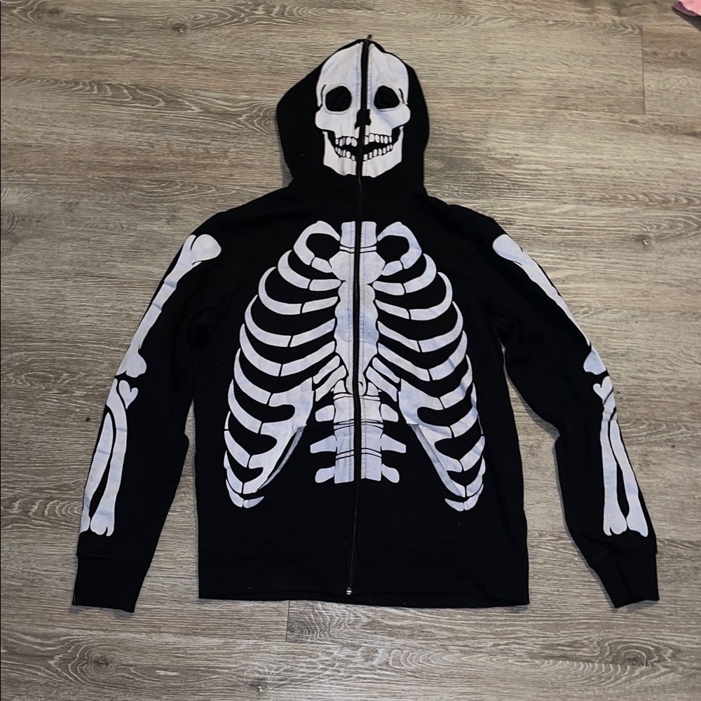 XXX Rude Hot Topic black white skeleton emo goth Halloween zip up hoodie medium